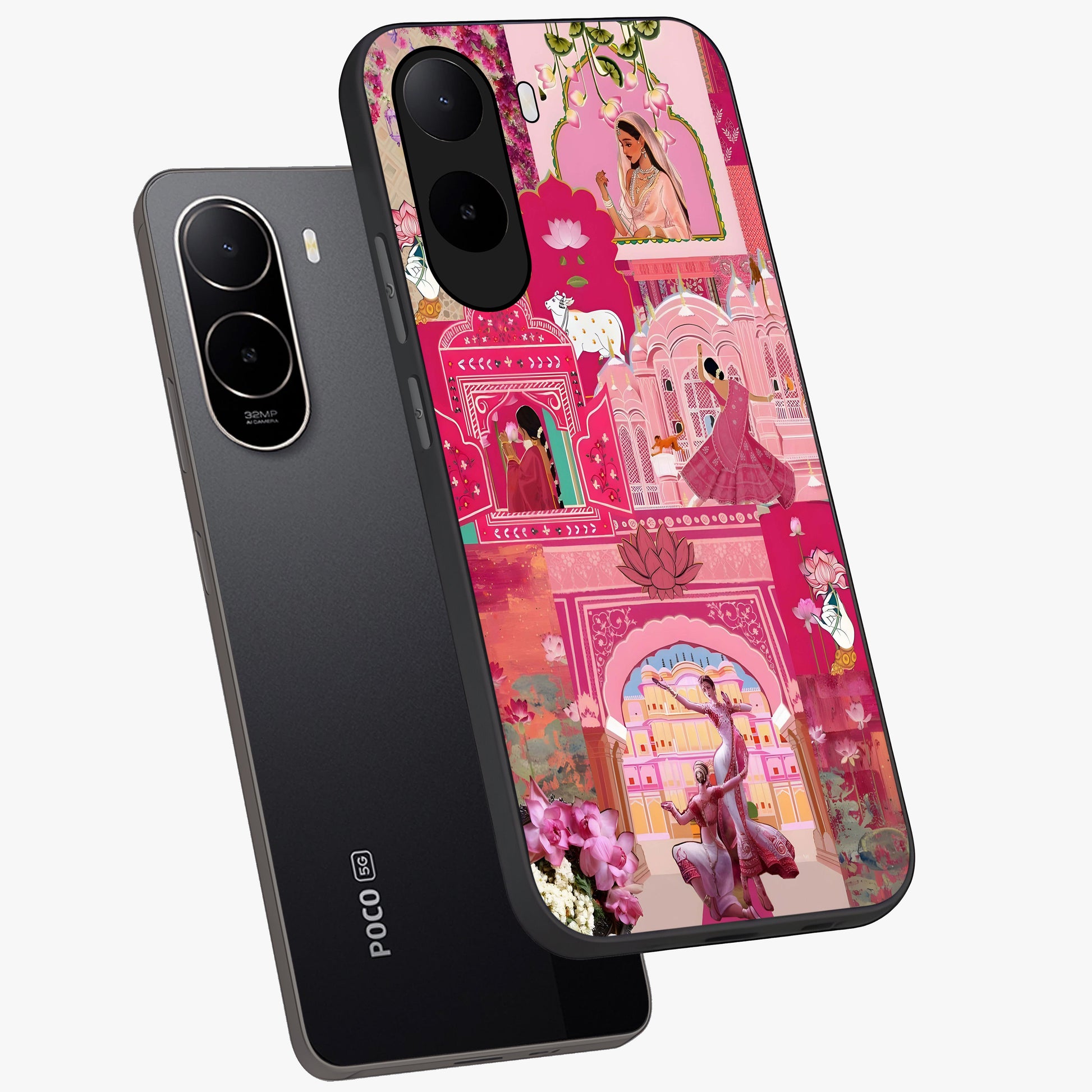 Blossoms of Rajasthan Glass Case displayed in angled mockup highlighting vibrant floral pattern with cultural aesthetic style.