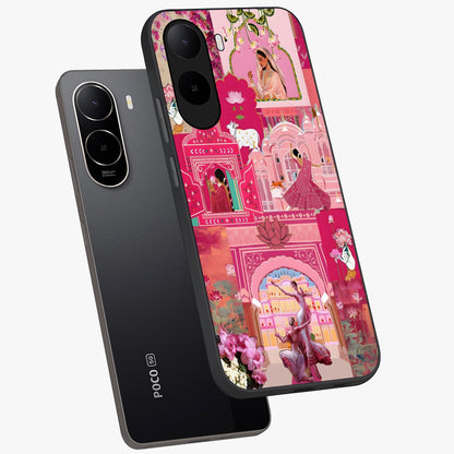 Blossoms of Rajasthan Glass Case displayed in angled mockup highlighting vibrant floral pattern with cultural aesthetic style.