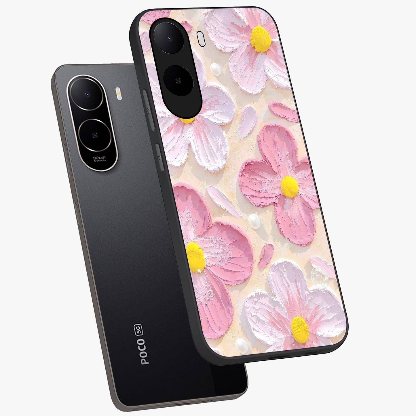 Blush Bloom Texture Glass Case displayed in angled mockup highlighting subtle bloom pattern with aesthetic pastel design.