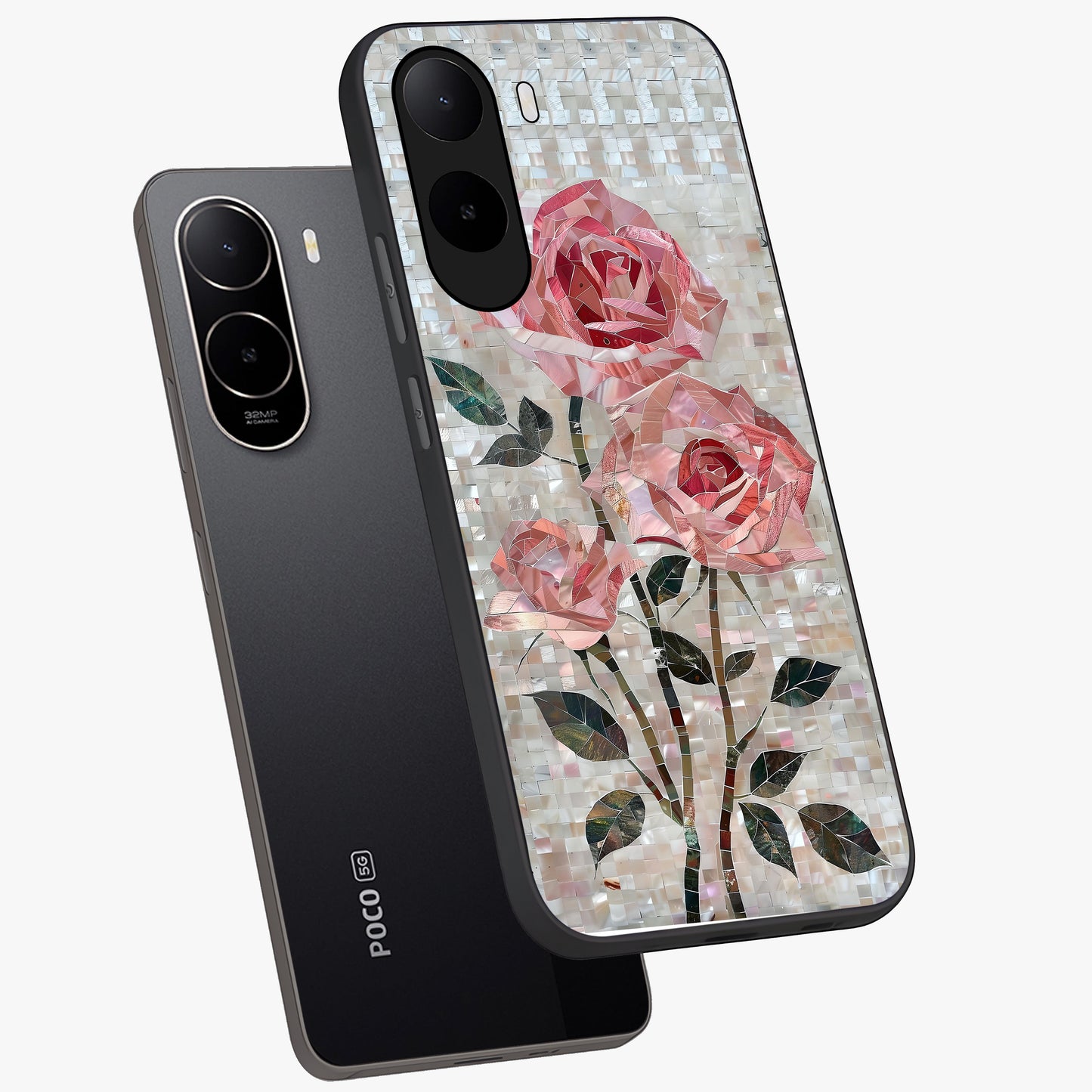 Blush Mosaic Bloom Glass Case displayed in angled mockup highlighting artistic mosaic flower pattern with aesthetic design.