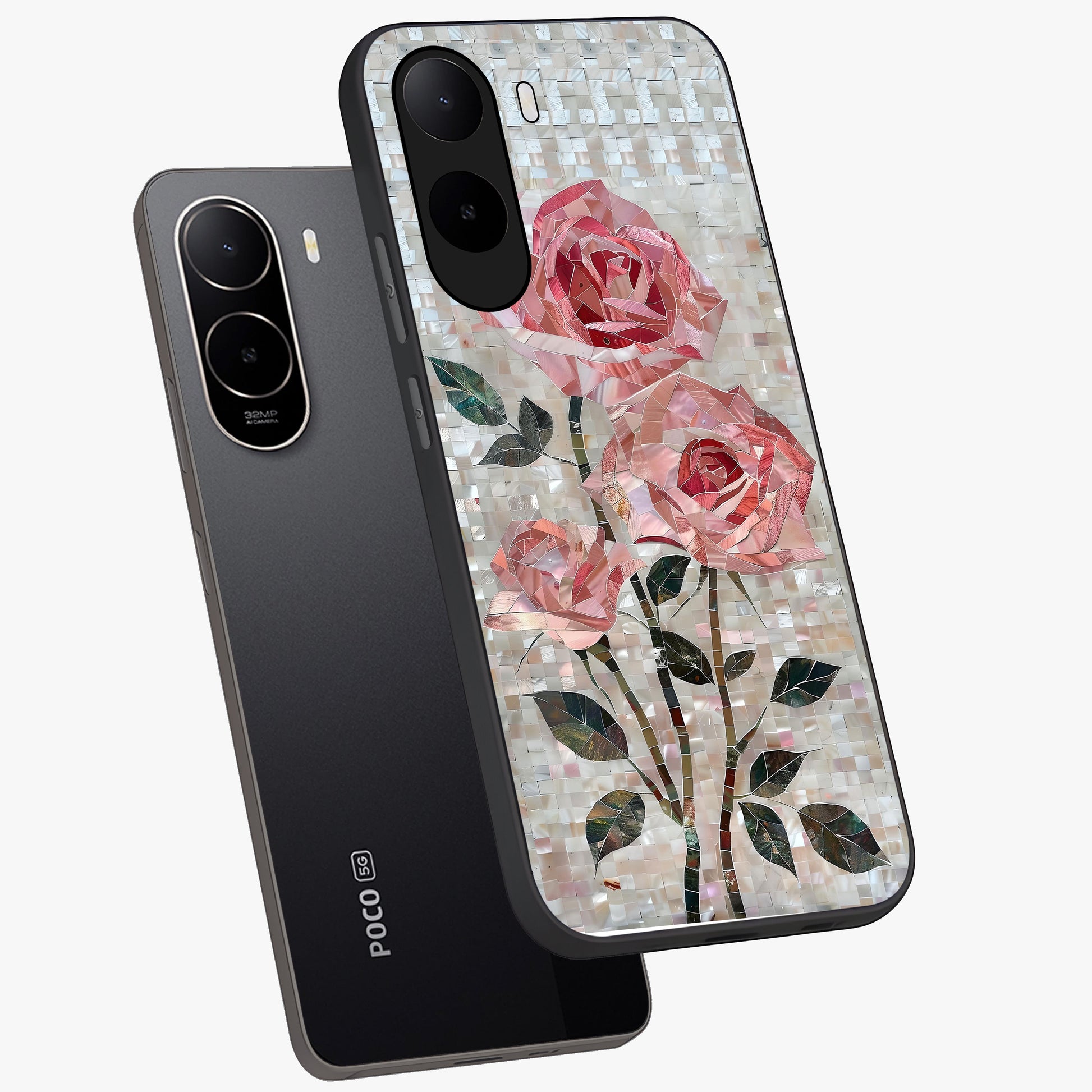 Blush Mosaic Bloom Glass Case displayed in angled mockup highlighting artistic mosaic flower pattern with aesthetic design.