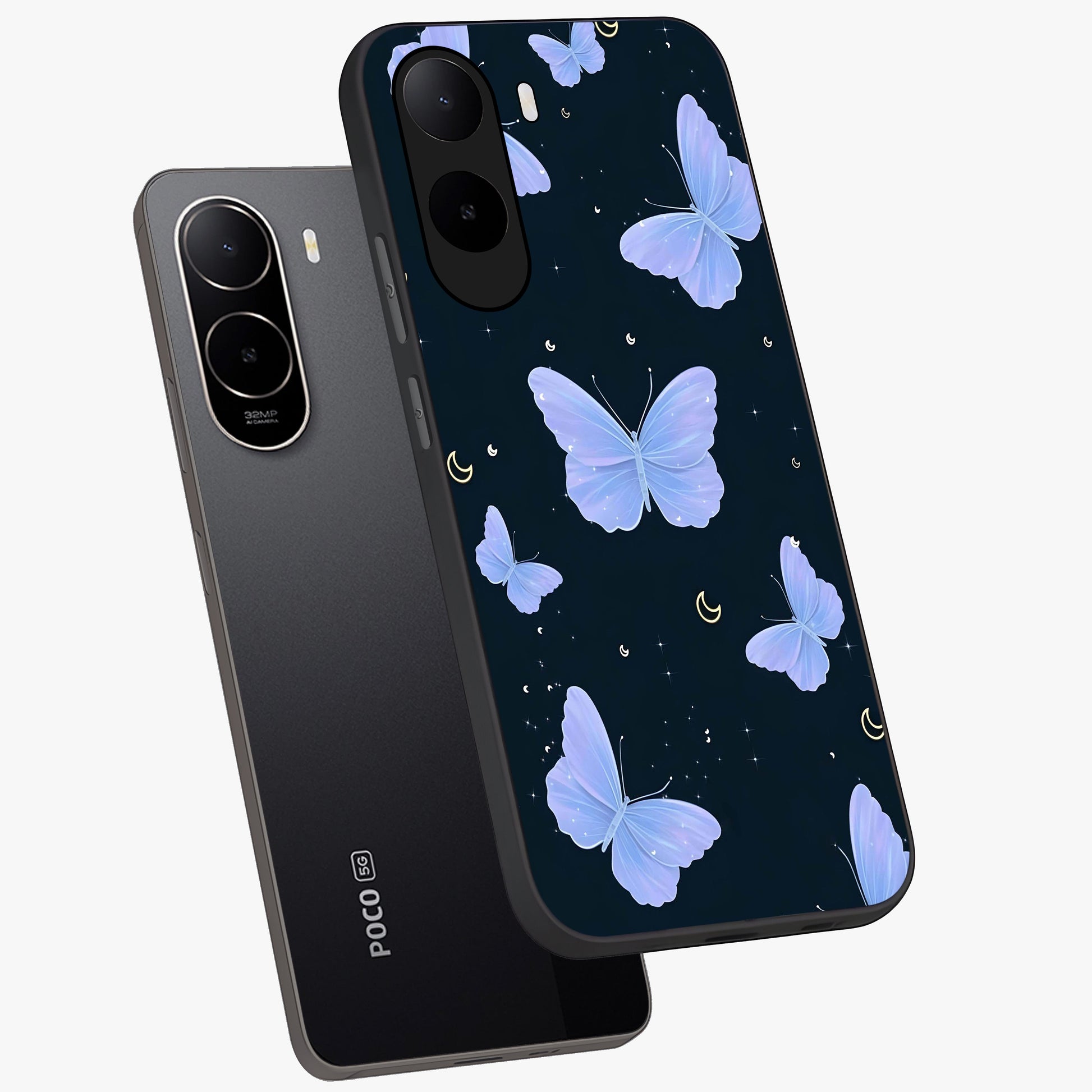 Butterfly With Stars Pattern Glass Case displayed in angled mockup highlighting dreamy butterfly and star design with aesthetic theme.