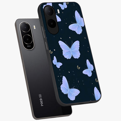 Butterfly With Stars Pattern Glass Case displayed in angled mockup highlighting dreamy butterfly and star design with aesthetic theme.