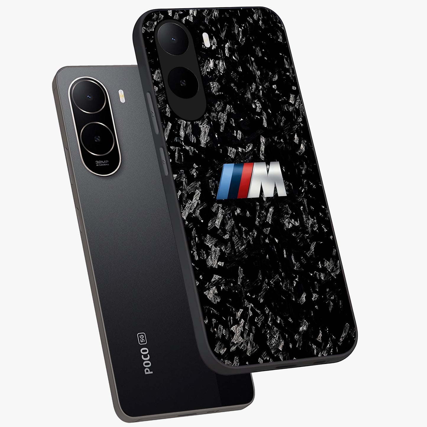 Carbon Speed Mark Glass Case displayed in angled mockup highlighting racing inspired carbon design and sleek aesthetic style.