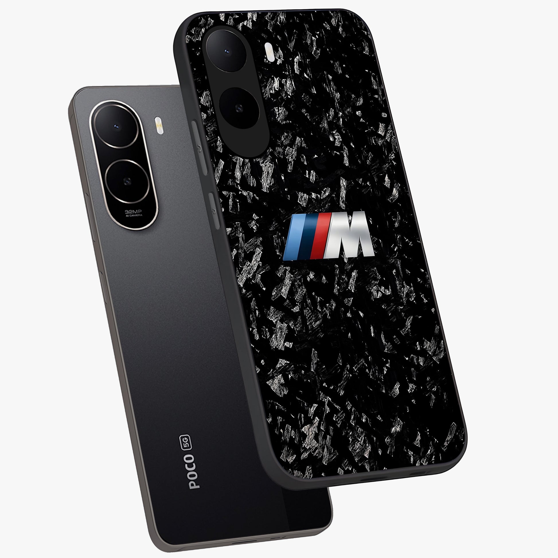Carbon Speed Mark Glass Case displayed in angled mockup highlighting racing inspired carbon design and sleek aesthetic style.
