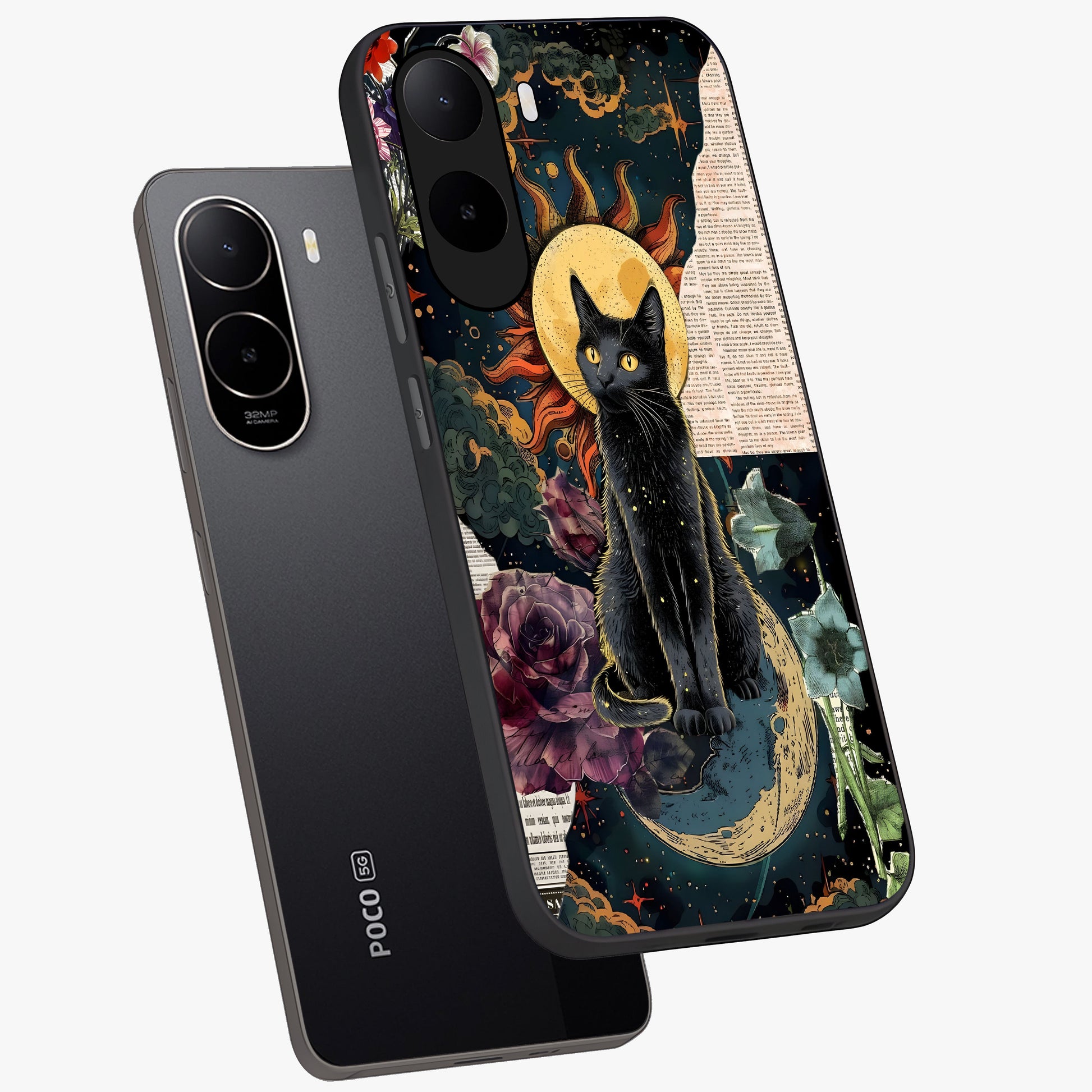 Celestial Black Cat Glass Case displayed in angled mockup highlighting cosmic black cat design with celestial aesthetic.