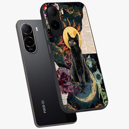 Celestial Black Cat Glass Case displayed in angled mockup highlighting cosmic black cat design with celestial aesthetic.