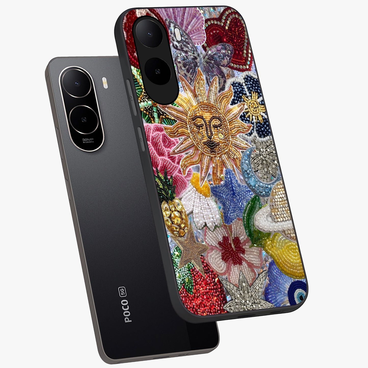 Celestial Floral and Playful Glass Case displayed in angled mockup highlighting playful floral design with dreamy celestial elements.