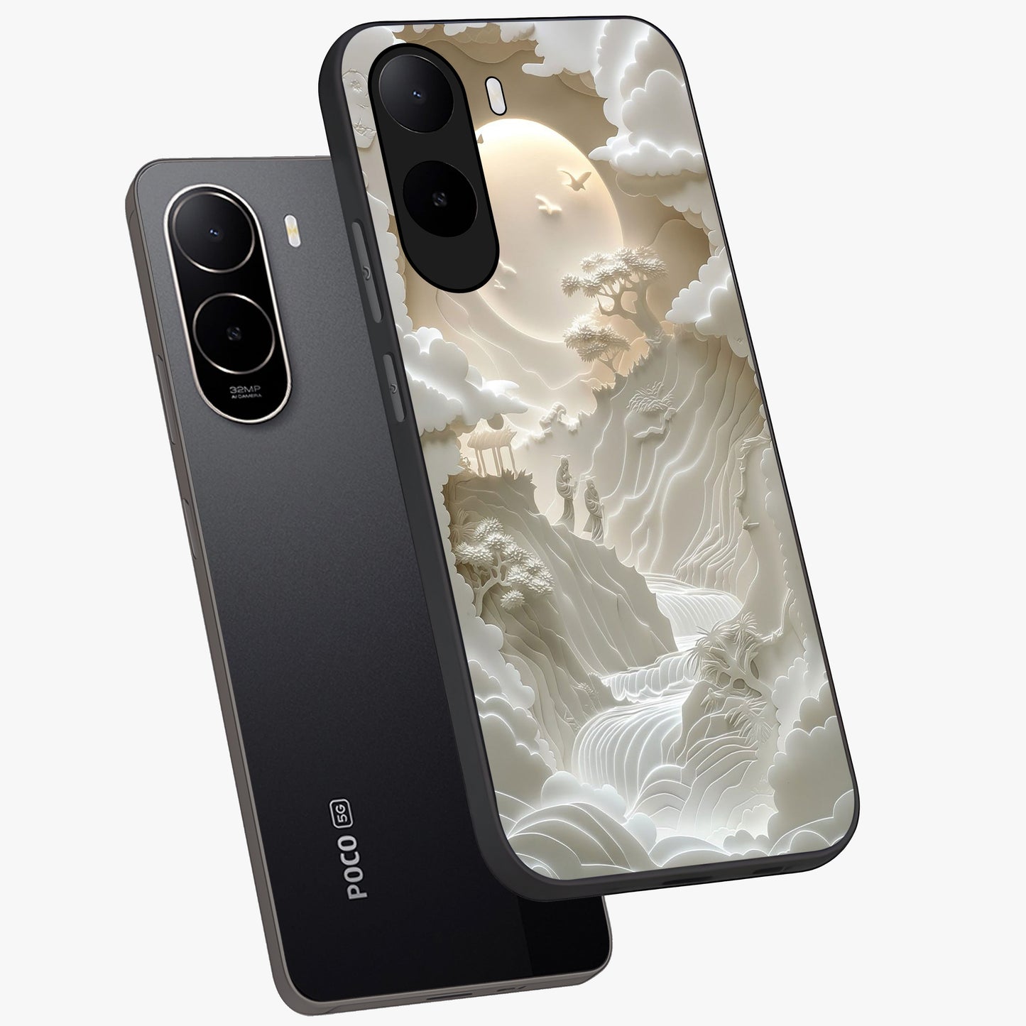 Celestial Origami Glass Case displayed in angled mockup highlighting geometric origami design with cosmic aesthetic theme.
