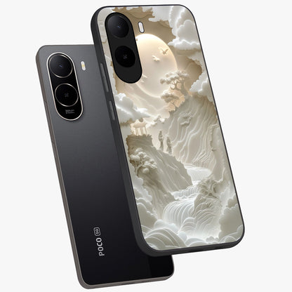Celestial Origami Glass Case displayed in angled mockup highlighting geometric origami design with cosmic aesthetic theme.