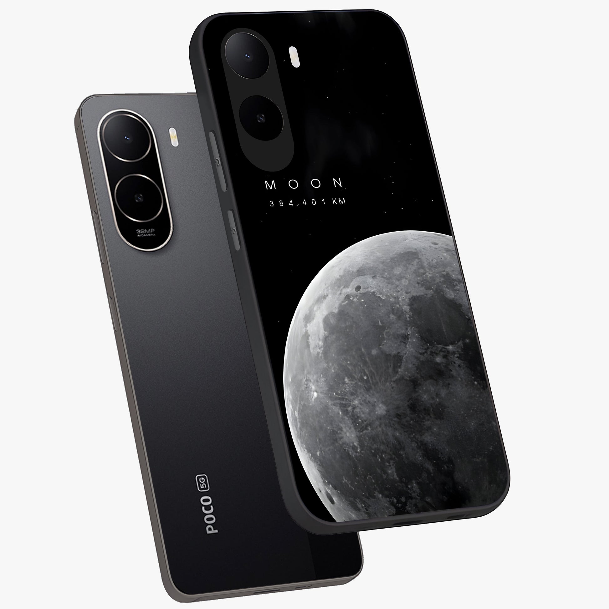 Cosmic Moon Glow Glass Case displayed in angled mockup highlighting celestial moon design with cosmic aesthetic theme.