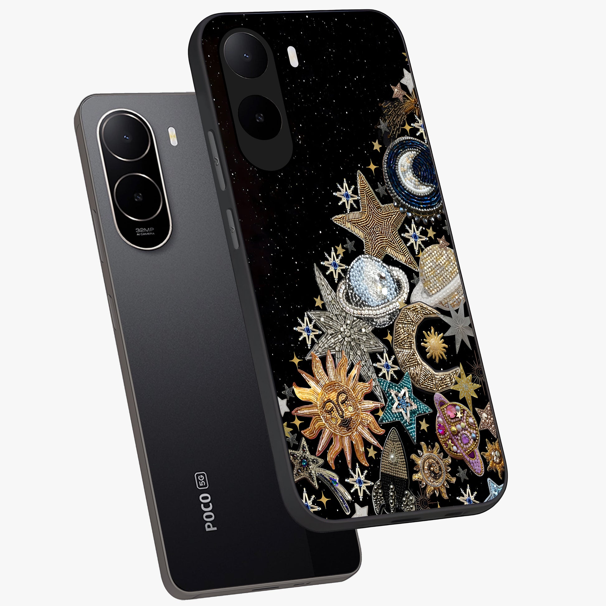 Cosmic Sparkle Dreams Glass Case displayed in angled mockup highlighting dreamy star sparkle design with celestial aesthetic.