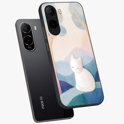 Cotton Dream Cat Glass Case displayed in angled mockup highlighting cute feline illustration with pastel aesthetic style.