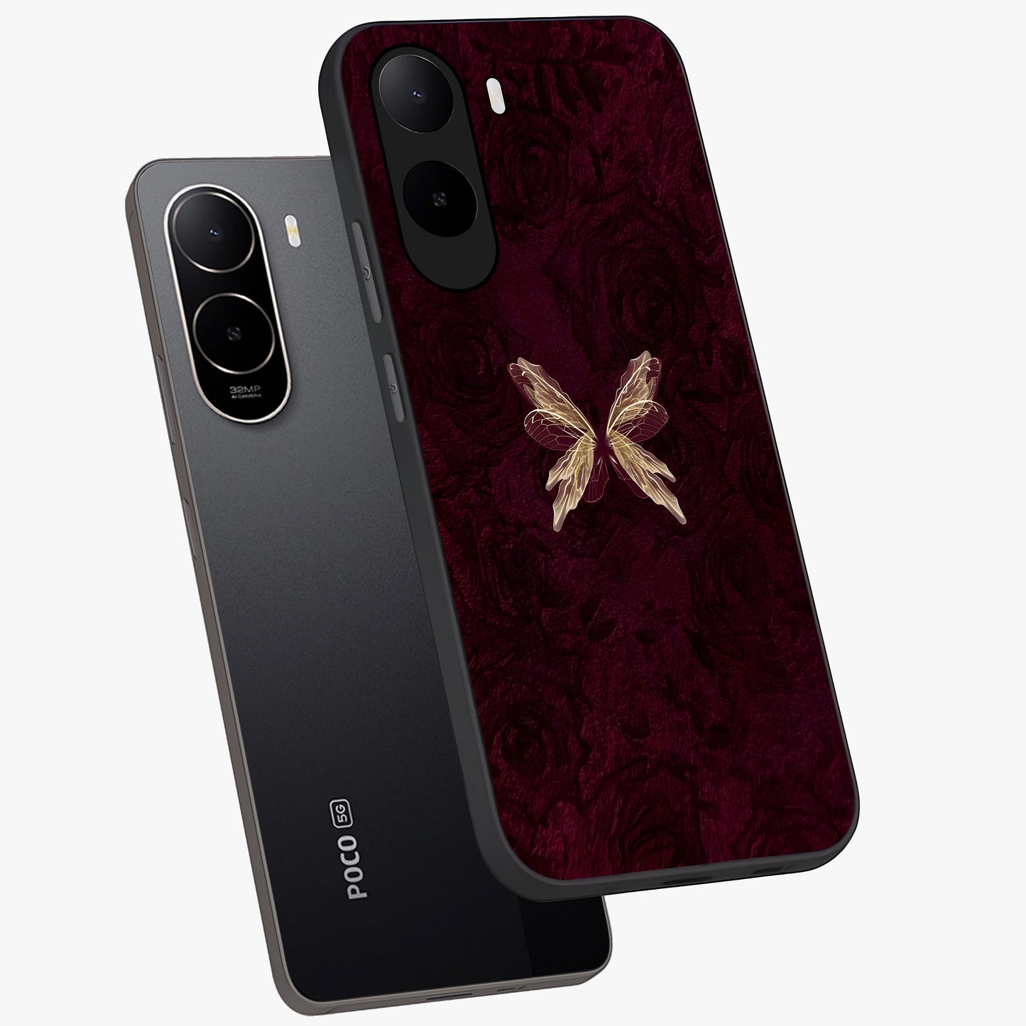 Crimson Fade Butterfly Glass Case displayed in angled mockup highlighting elegant butterfly design with crimson gradient aesthetic.