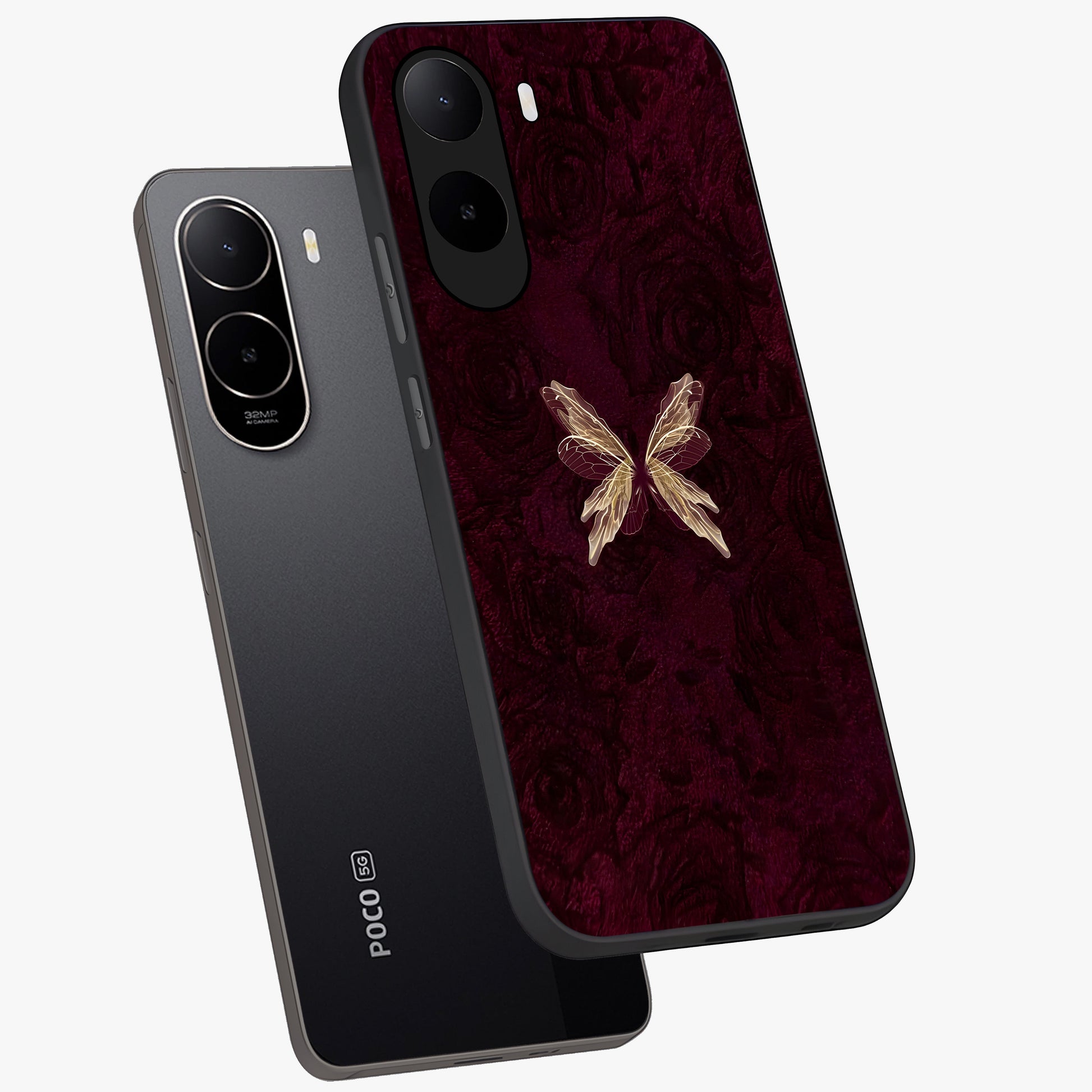 Crimson Fade Butterfly Glass Case displayed in angled mockup highlighting elegant butterfly design with crimson gradient aesthetic.