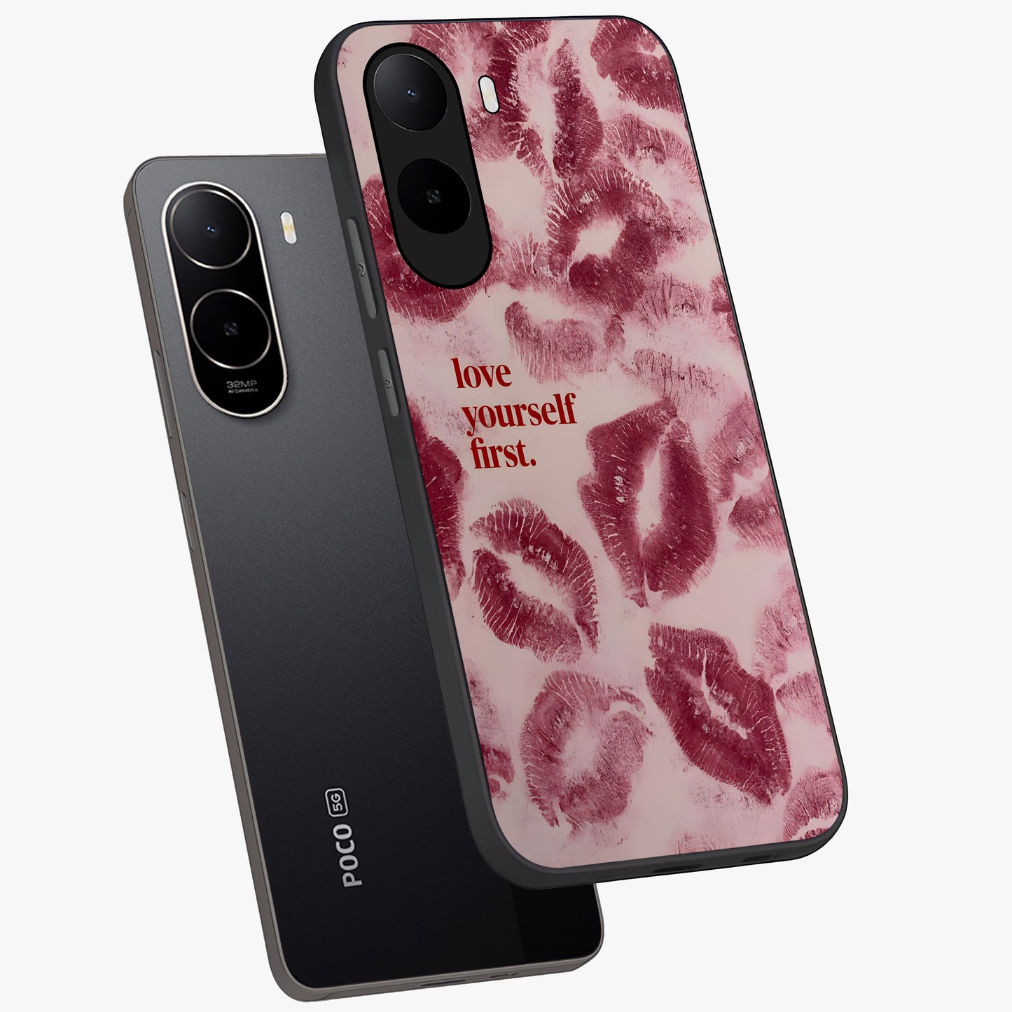 Crimson Kiss Love Glass Case displayed in angled mockup highlighting bold love inspired design with modern aesthetic style.