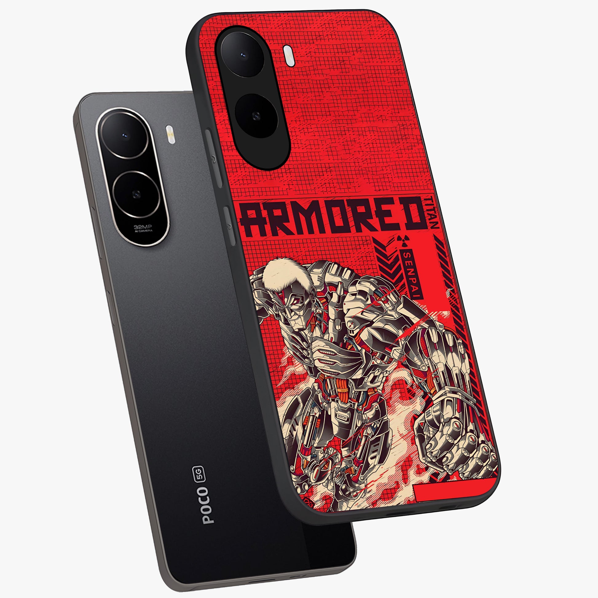 Crimson Mecha Titan Glass Case displayed in angled mockup highlighting futuristic mech illustration with bold crimson aesthetic.