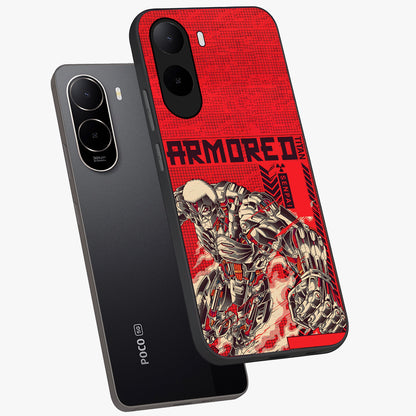 Crimson Mecha Titan Glass Case displayed in angled mockup highlighting futuristic mech illustration with bold crimson aesthetic.