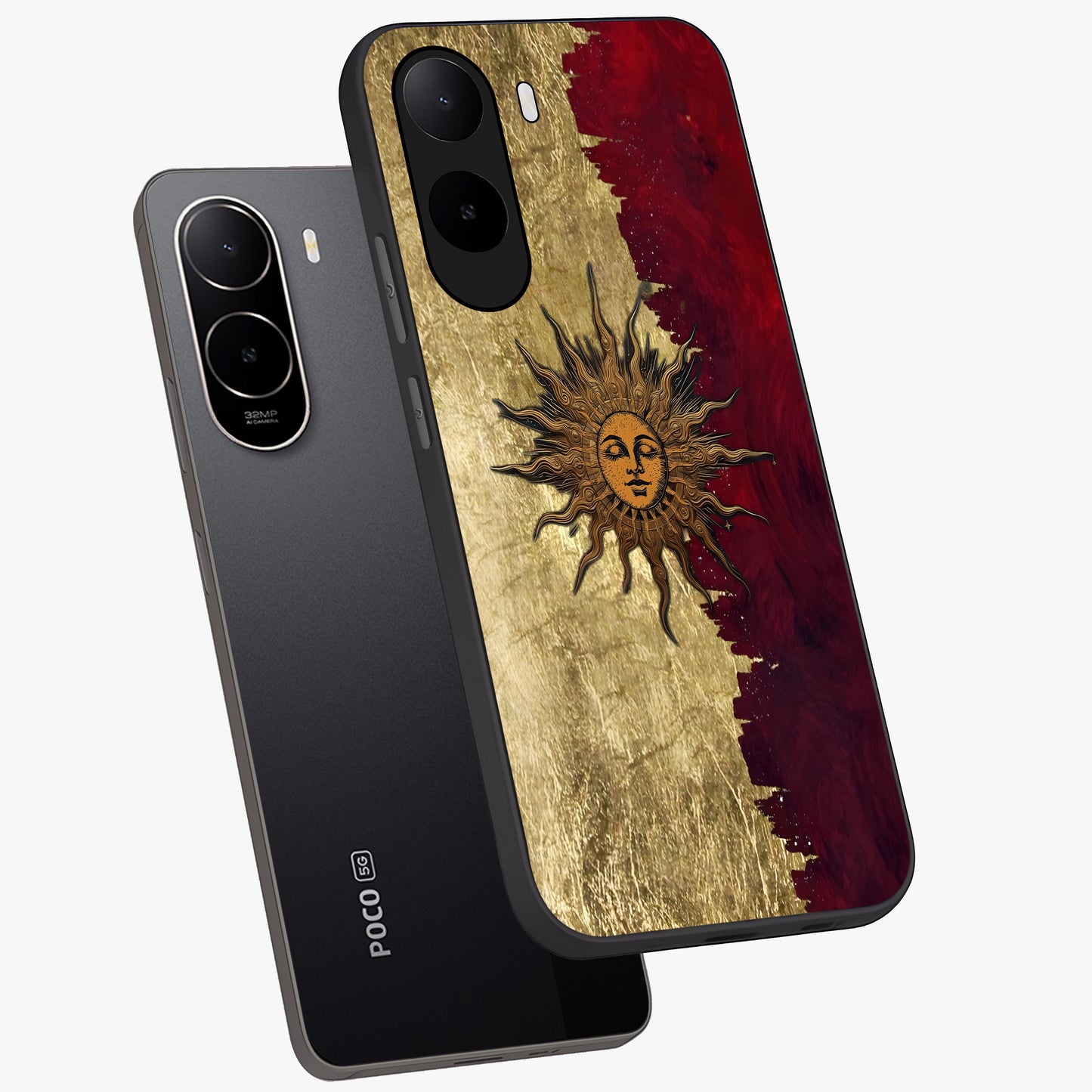 Crimson Sun Majesty Glass Case displayed in angled mockup highlighting majestic crimson sun design with bold aesthetic style.