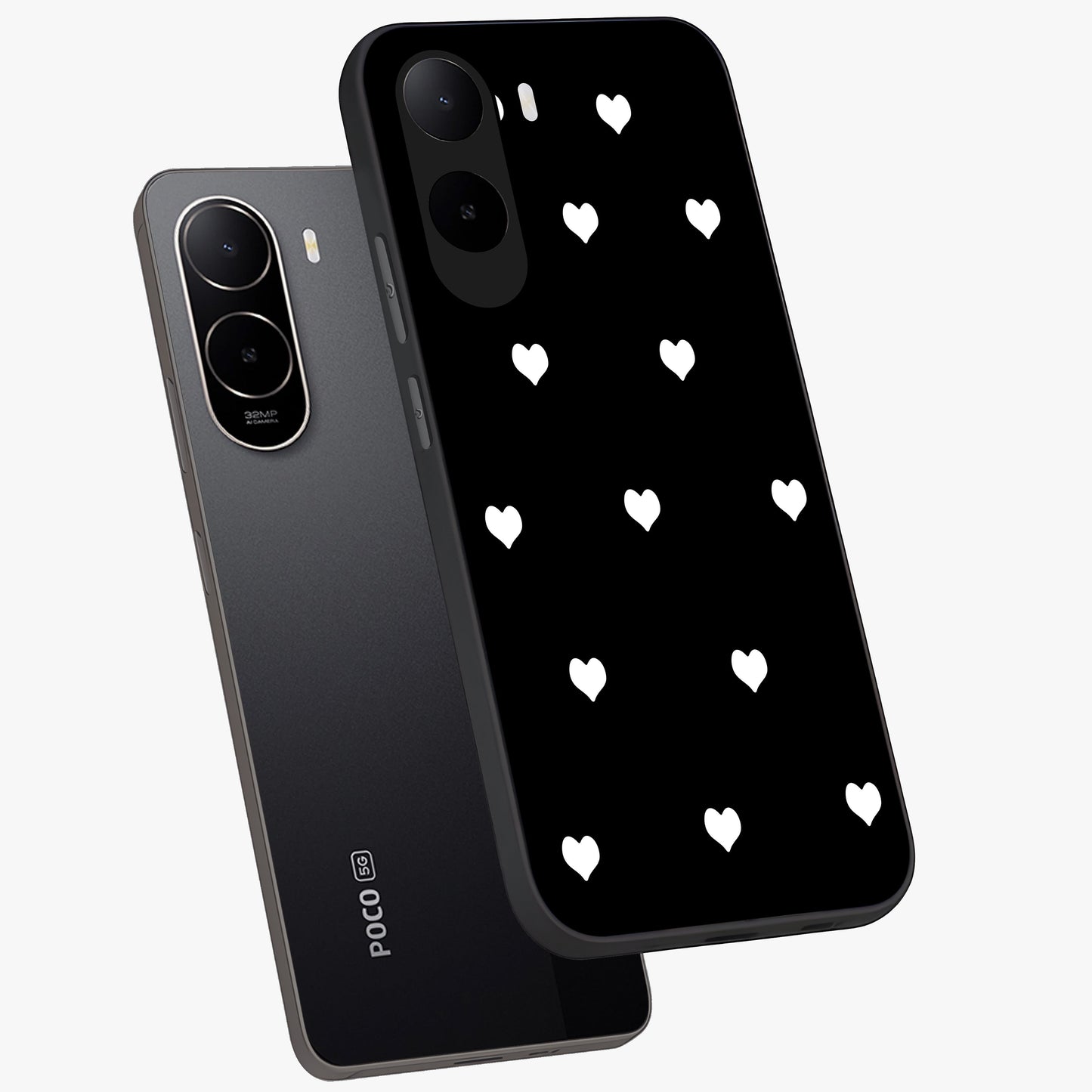 Cute And Simple White Hearts Glass Case displayed in angled mockup highlighting cute heart design with clean aesthetic style.