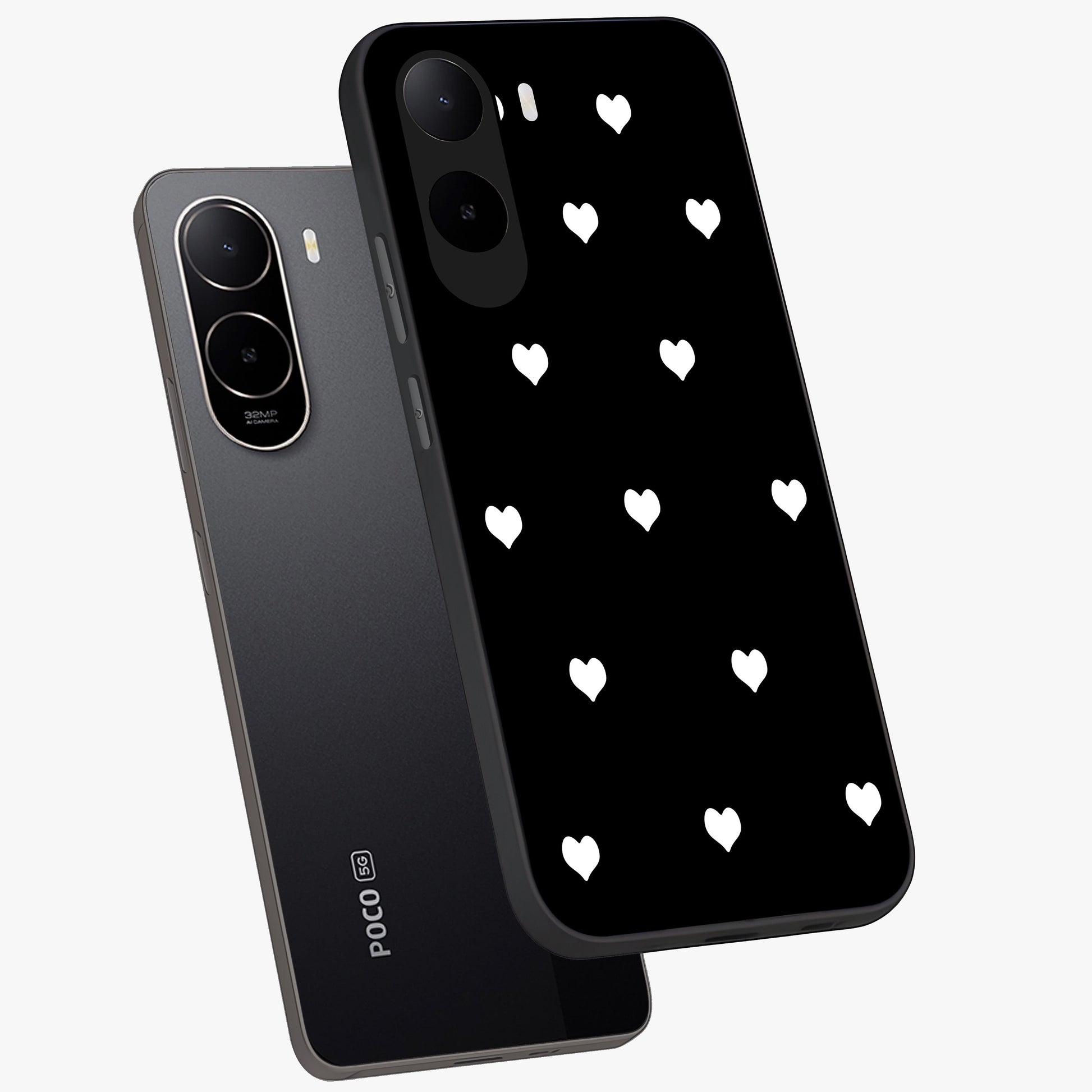 Cute And Simple White Hearts Glass Case displayed in angled mockup highlighting cute heart design with clean aesthetic style.