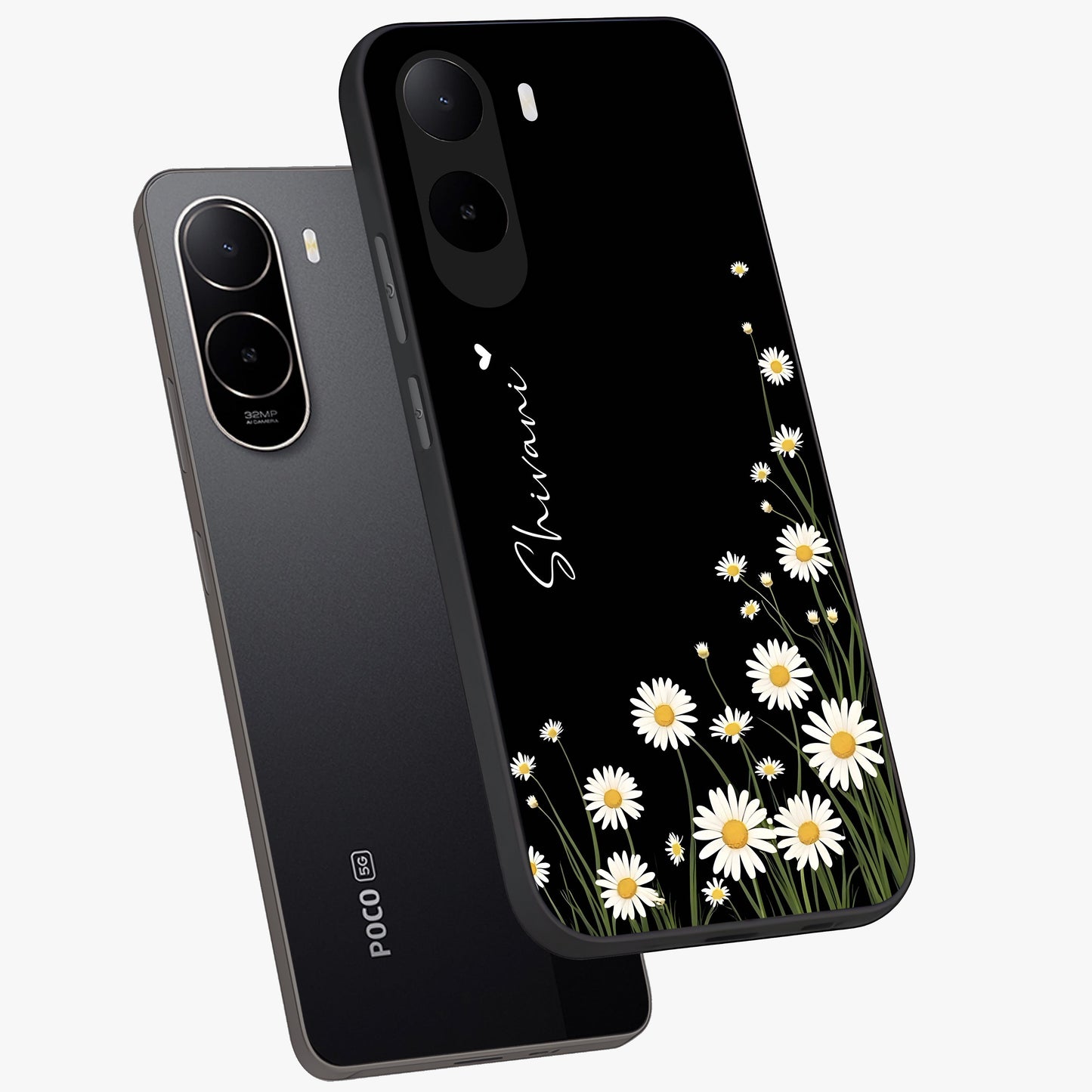 Daisy Cascade Custom Name Glass Case displayed in angled mockup highlighting delicate daisy artwork with custom name feature.