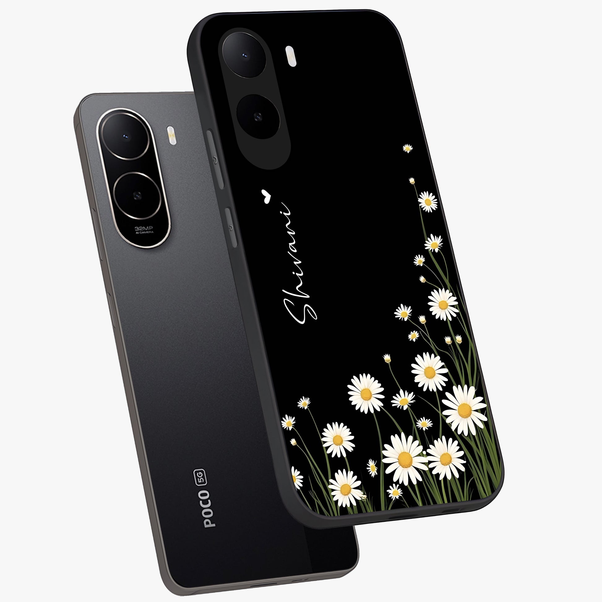 Daisy Cascade Custom Name Glass Case displayed in angled mockup highlighting delicate daisy artwork with custom name feature.