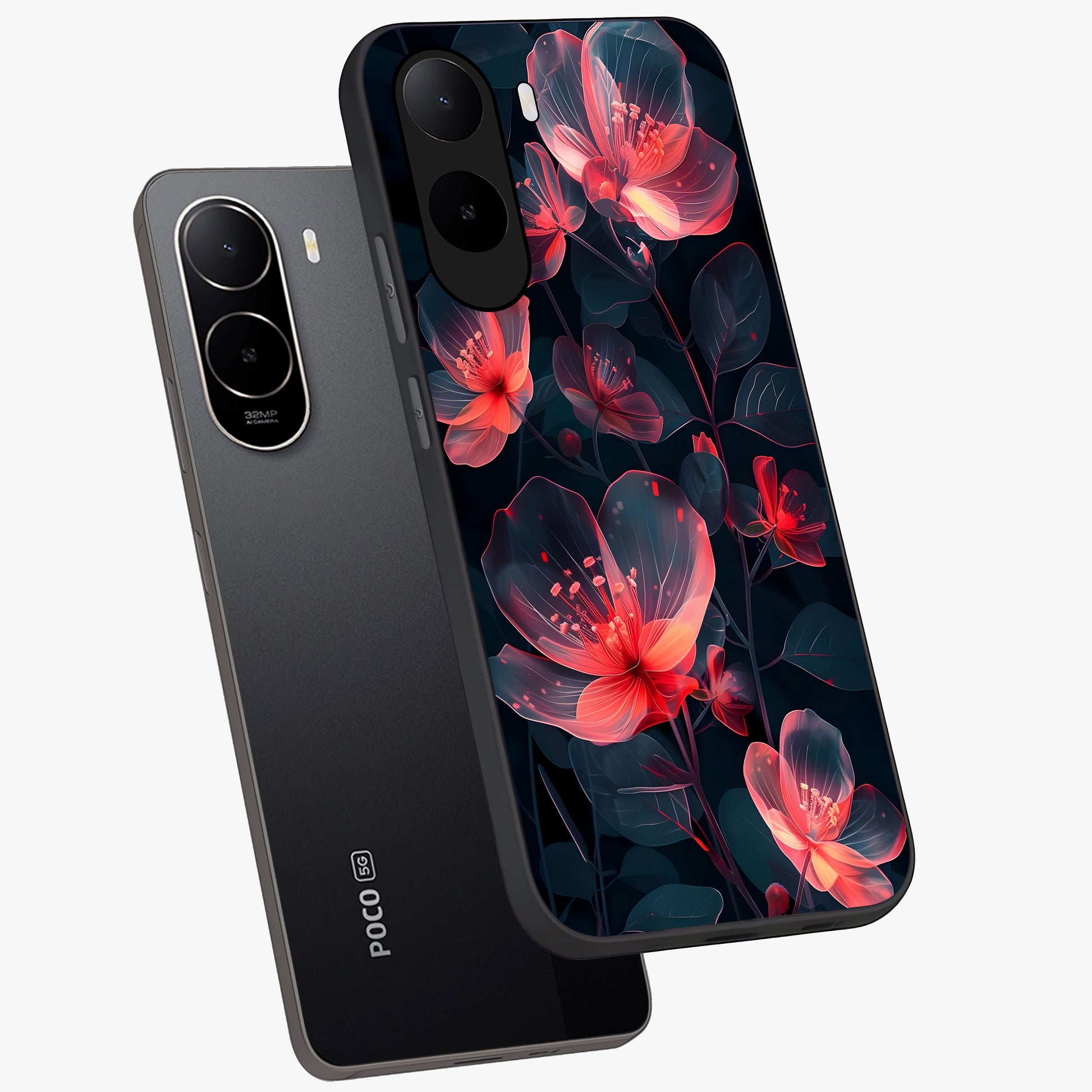 Dark Shade of Flower Glass Case displayed in angled mockup highlighting moody floral illustration with aesthetic dark tones.