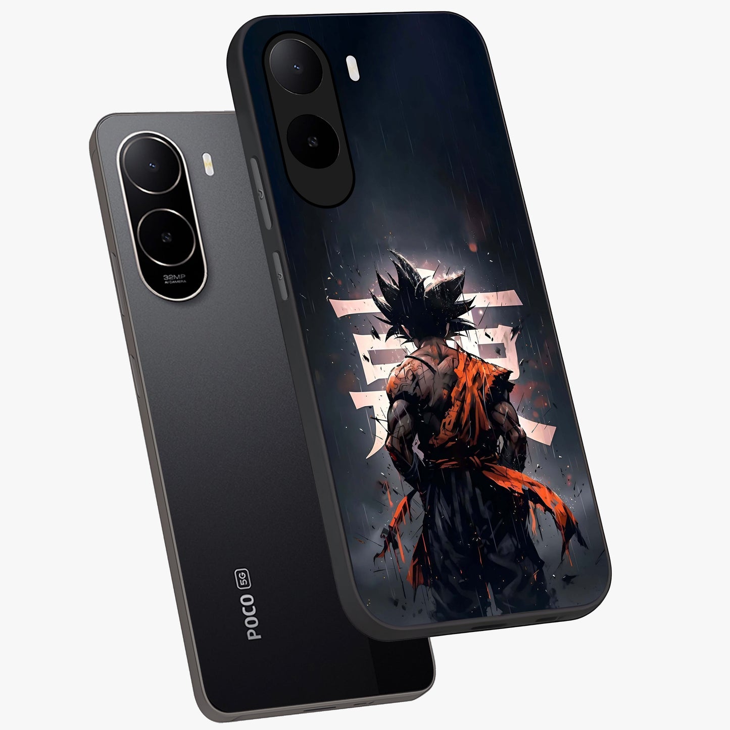 Dark Warrior In Rain Glass Case displayed in angled mockup highlighting dramatic warrior illustration with dark rain aesthetic.