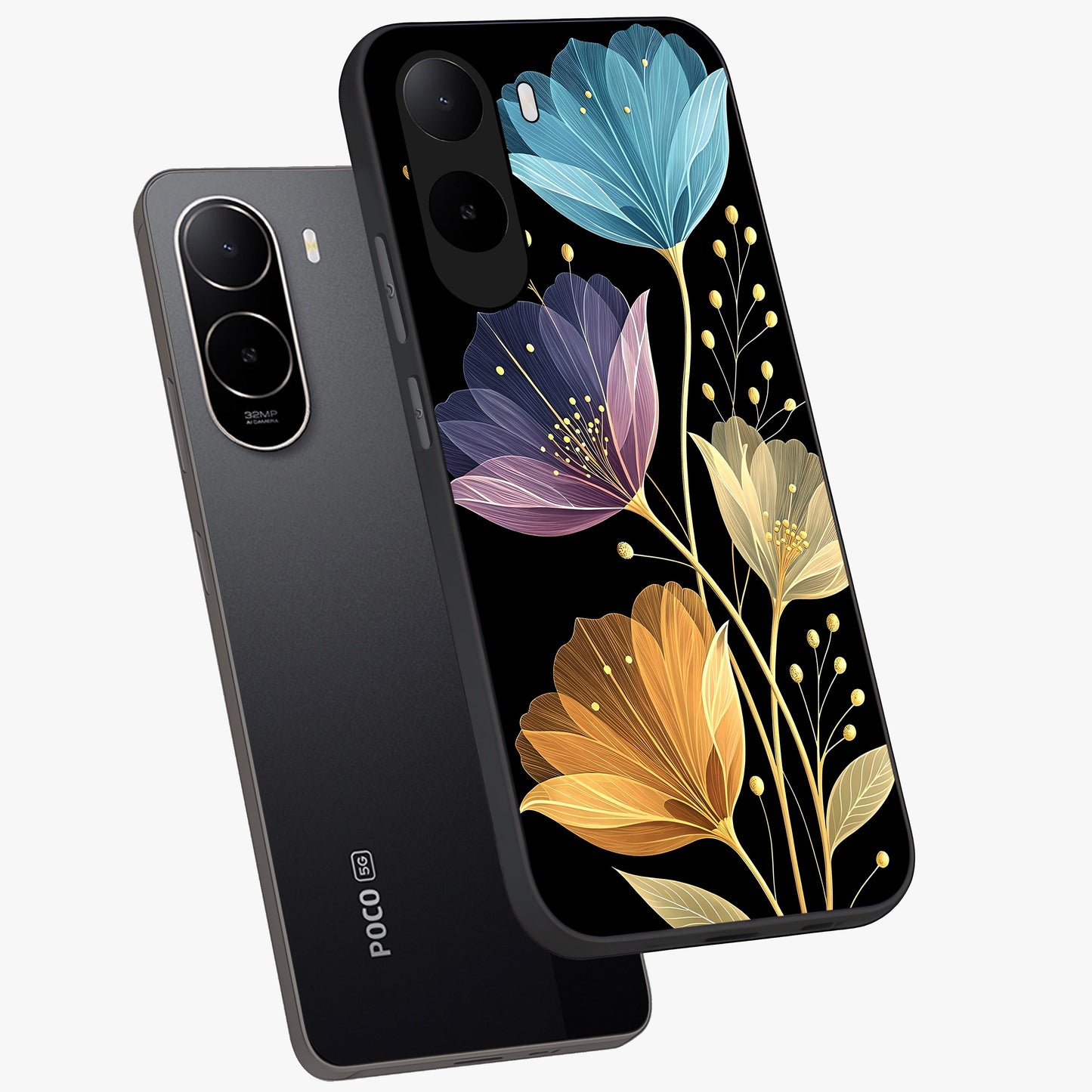 Delicate Multicolor Flowers Glass Case displayed in angled mockup highlighting colorful flower pattern with soft aesthetic style.