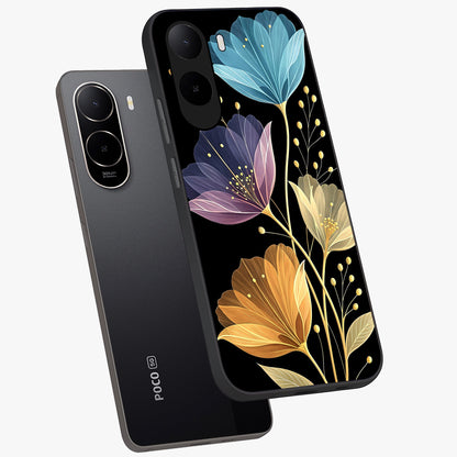 Delicate Multicolor Flowers Glass Case displayed in angled mockup highlighting colorful flower pattern with soft aesthetic style.