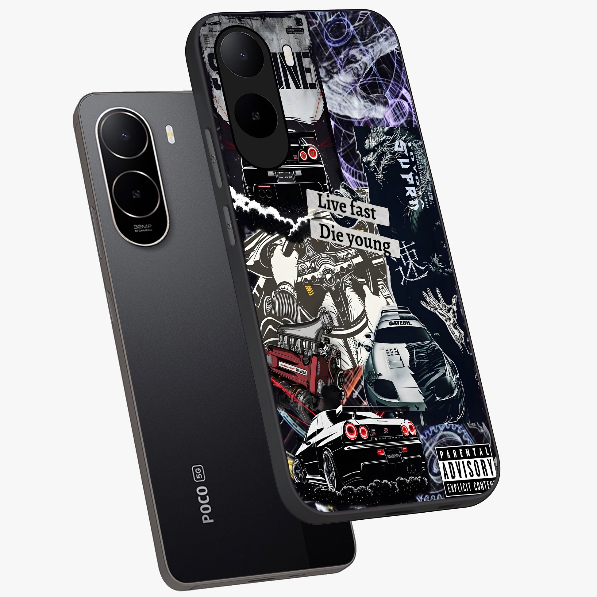 Die Young Glass Case displayed in angled mockup highlighting expressive graphic artwork with edgy aesthetic style.