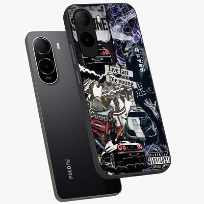 Die Young Glass Case displayed in angled mockup highlighting expressive graphic artwork with edgy aesthetic style.