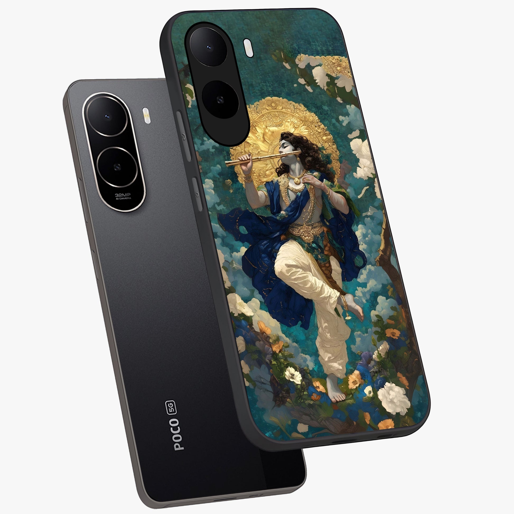 Divine Krishna Art Glass Case displayed in angled mockup highlighting spiritual Krishna illustration with devotional aesthetic.