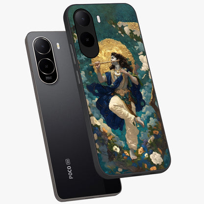 Divine Krishna Art Glass Case displayed in angled mockup highlighting spiritual Krishna illustration with devotional aesthetic.