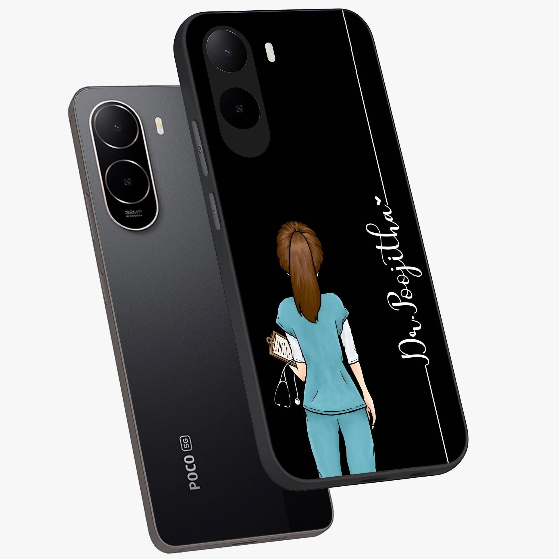 Doctor Pattern Custom Name Glass Case displayed in angled mockup highlighting doctor inspired artwork with custom name feature.