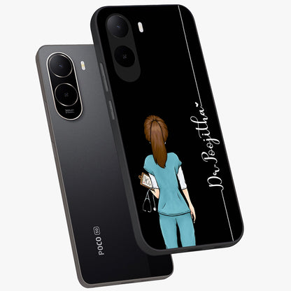 Doctor Pattern Custom Name Glass Case displayed in angled mockup highlighting doctor inspired artwork with custom name feature.