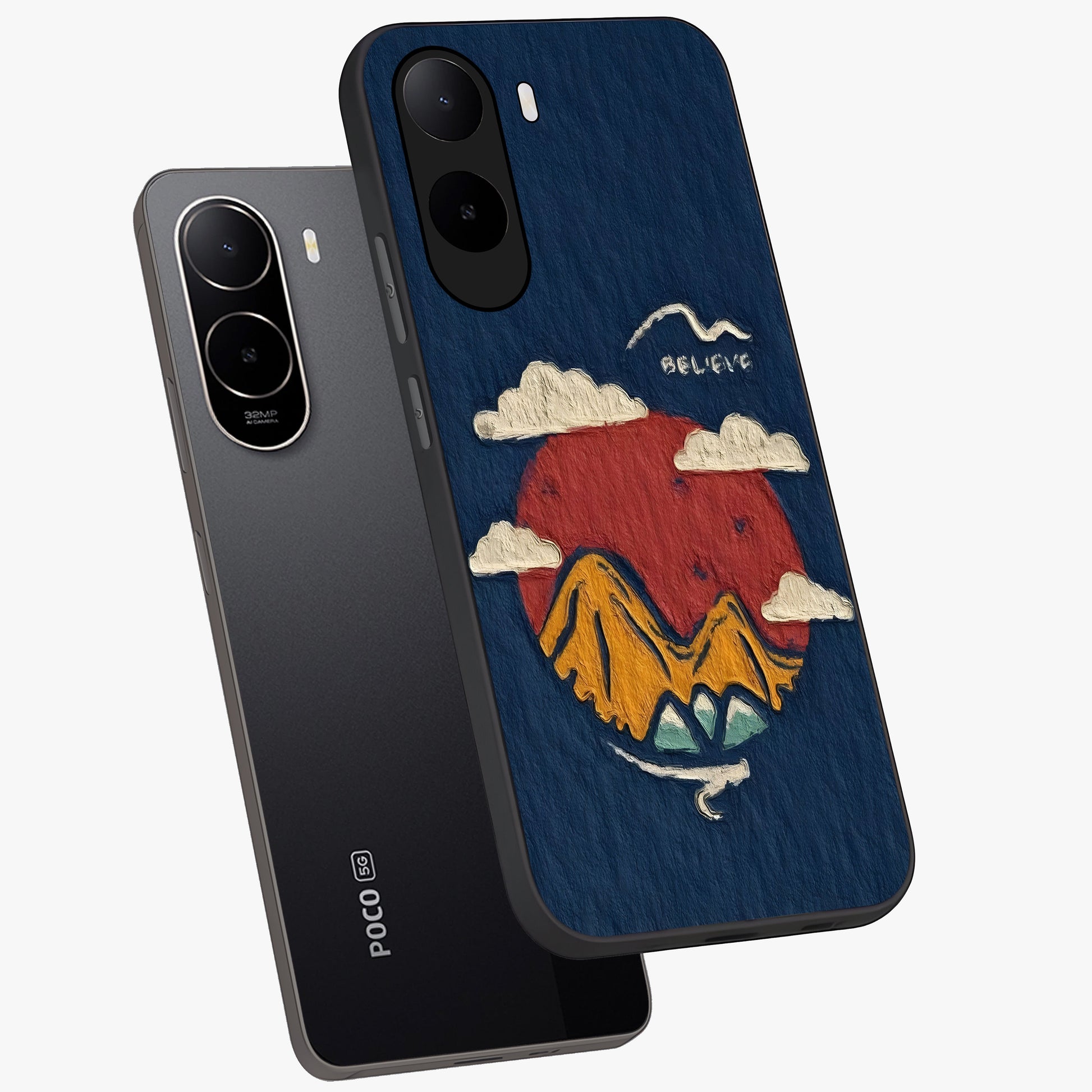 Dream Beyond Mountains Glass Case displayed in angled mockup highlighting dreamy mountain illustration with peaceful aesthetic.
