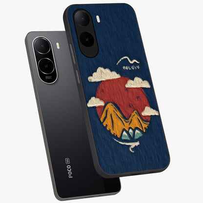 Dream Beyond Mountains Glass Case displayed in angled mockup highlighting dreamy mountain illustration with peaceful aesthetic.