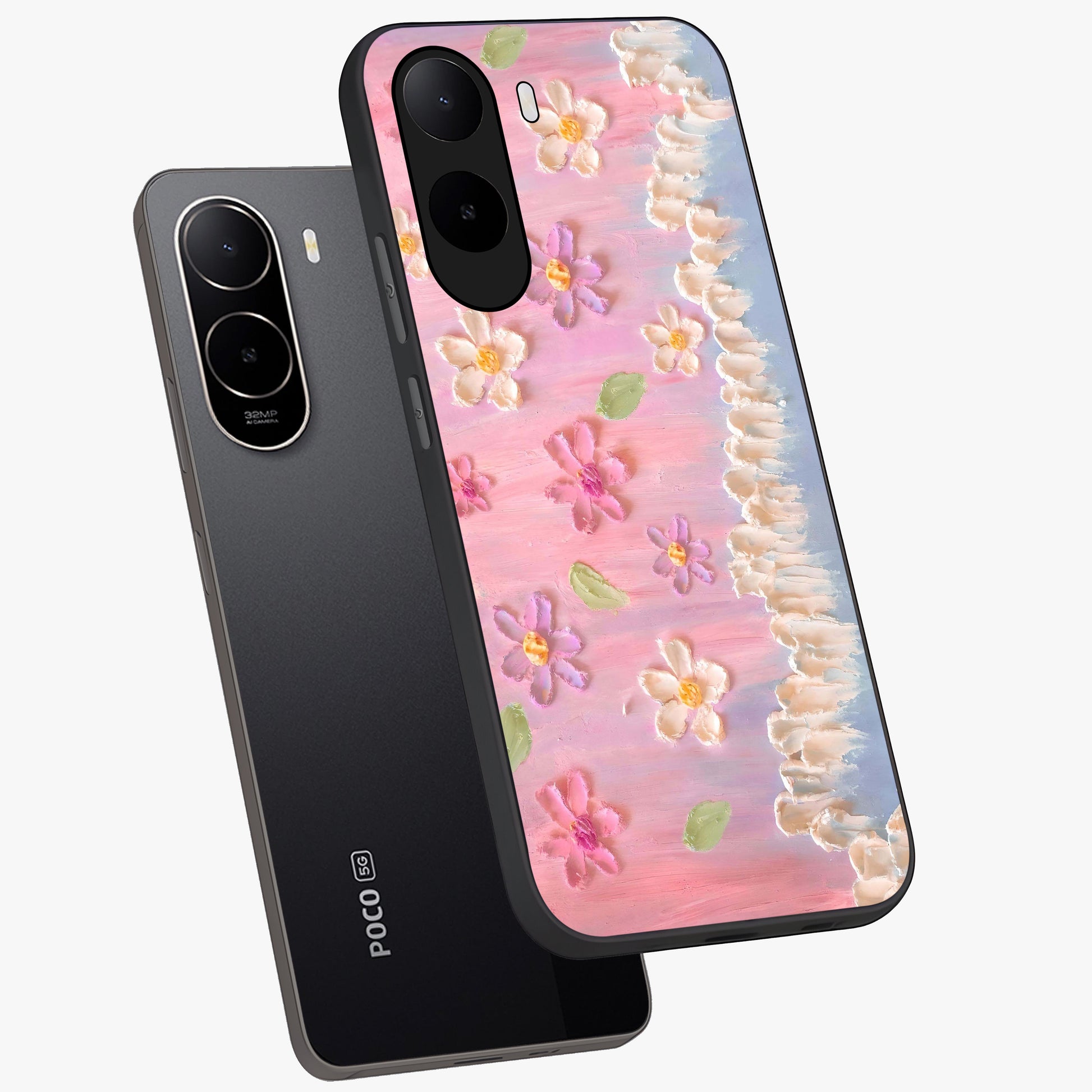Dreamy Painted Garden Glass Case displayed in angled mockup highlighting colorful garden illustration with dreamy aesthetic style.