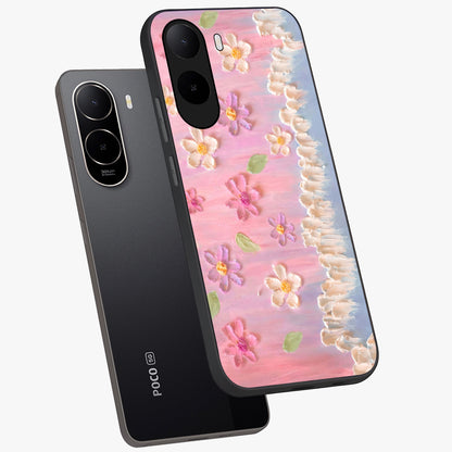 Dreamy Painted Garden Glass Case displayed in angled mockup highlighting colorful garden illustration with dreamy aesthetic style.