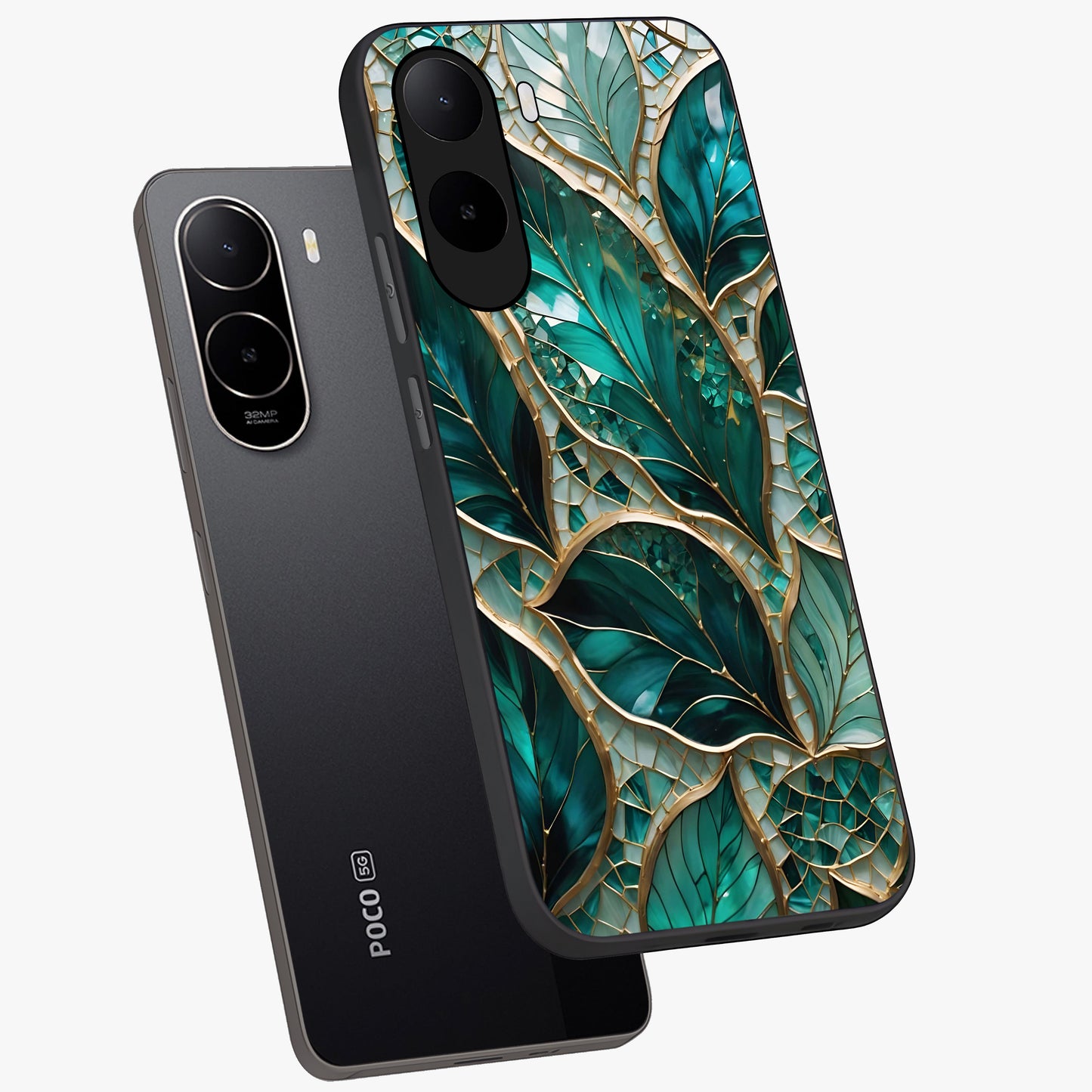 Emerald Leaf Glass Glass Case displayed in angled mockup highlighting botanical leaf illustration with elegant natural aesthetic.