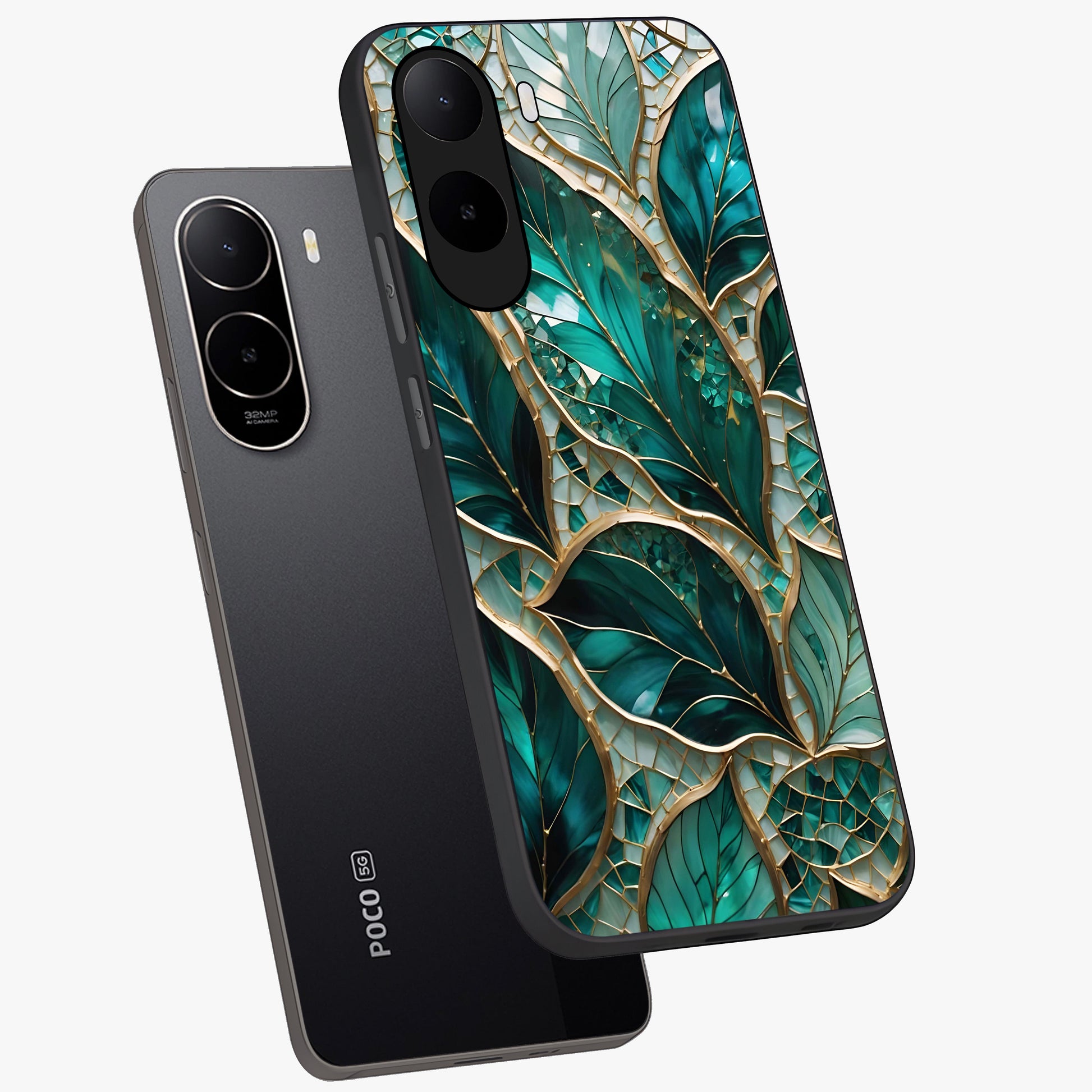 Emerald Leaf Glass Glass Case displayed in angled mockup highlighting botanical leaf illustration with elegant natural aesthetic.