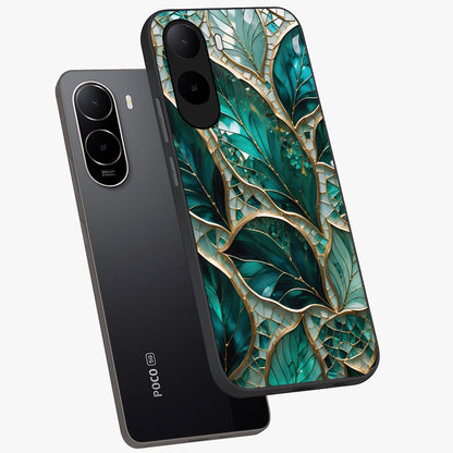 Emerald Leaf Glass Glass Case displayed in angled mockup highlighting botanical leaf illustration with elegant natural aesthetic.