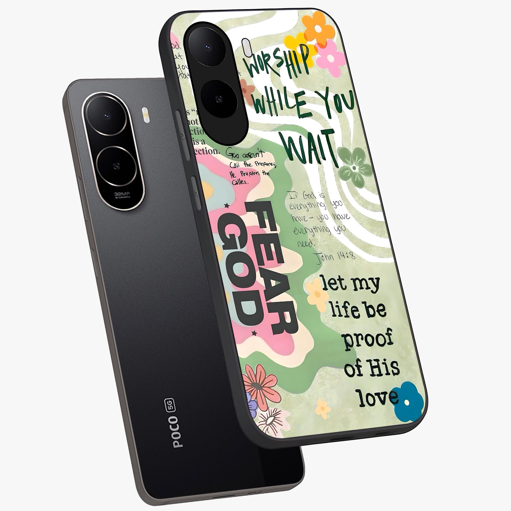 Faith Over Fear Glass Case displayed in angled mockup highlighting inspirational message design with modern aesthetic style.