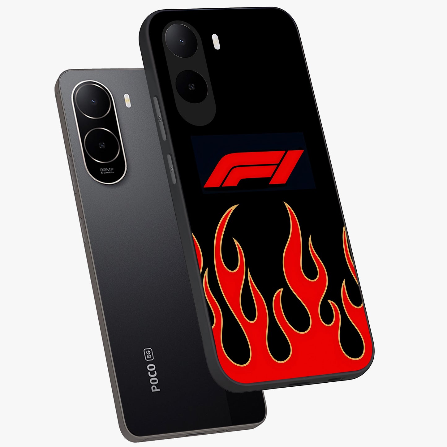 Fire F11 Glass Case displayed in angled mockup highlighting bold fire inspired graphic with energetic aesthetic style.