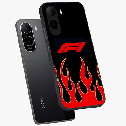 Fire F11 Glass Case displayed in angled mockup highlighting bold fire inspired graphic with energetic aesthetic style.