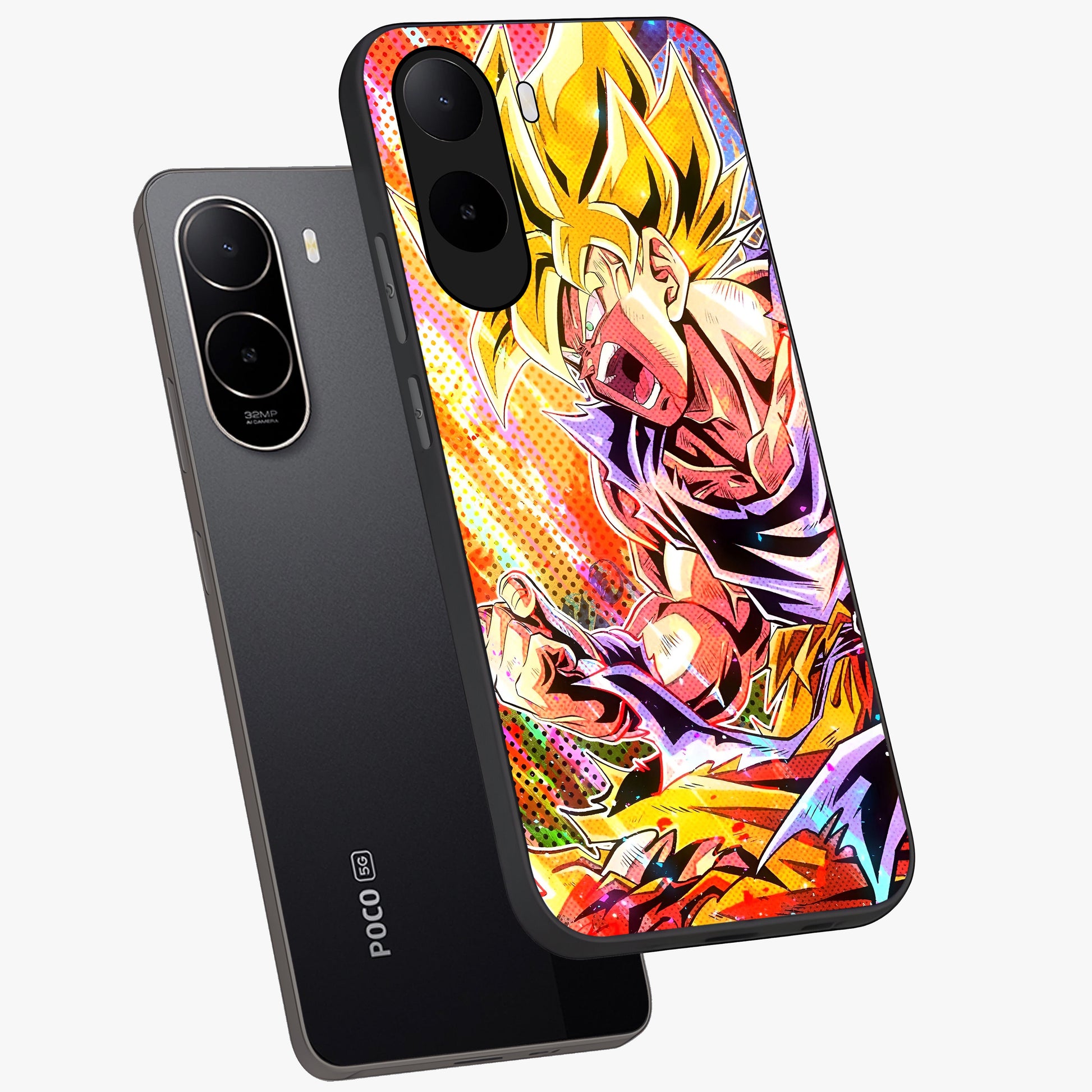 Firing Goku Glass Case displayed in angled mockup highlighting dynamic anime character design with action aesthetic.