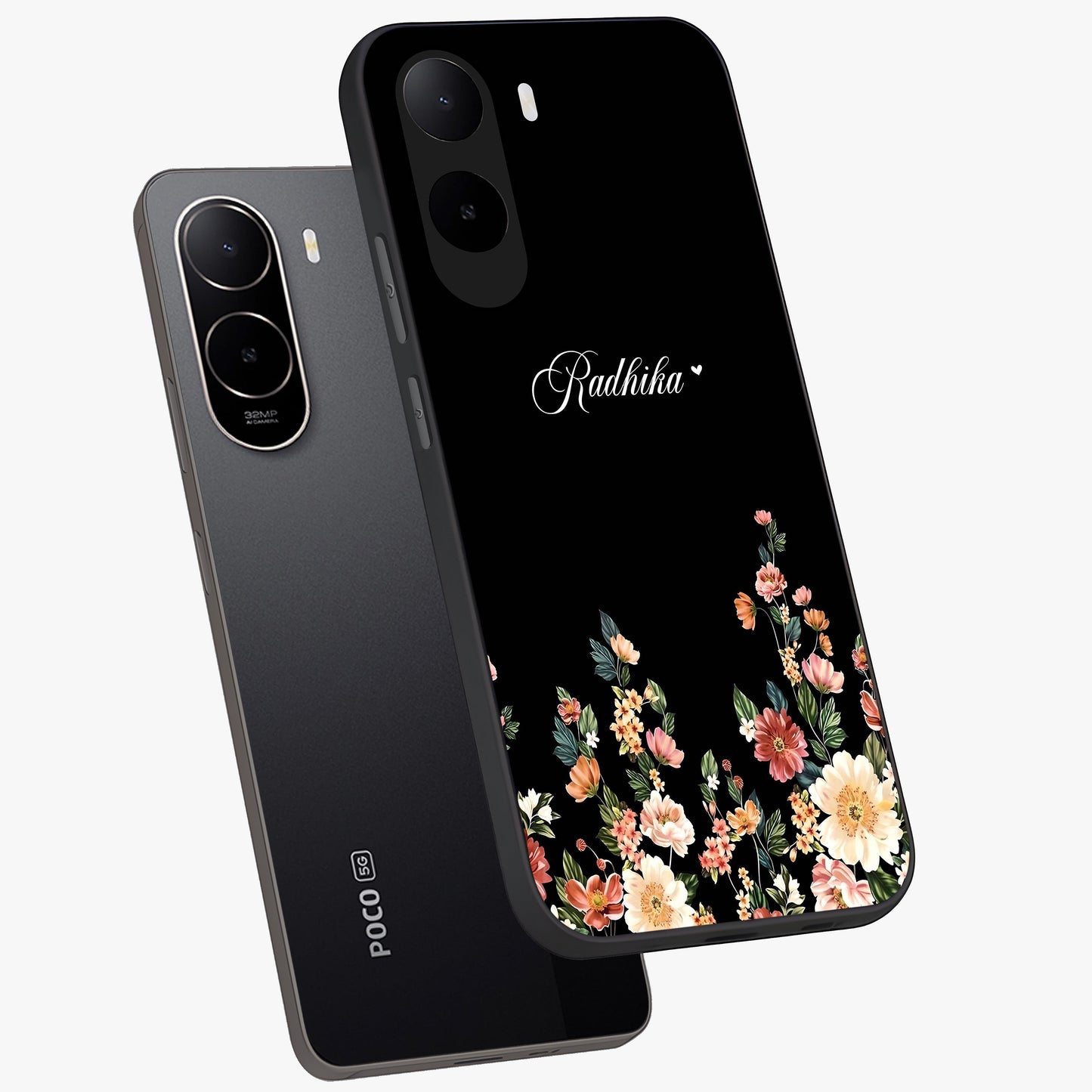 Floral Design With a Custom Personalized Name Glass Case displayed in angled mockup highlighting elegant floral pattern with custom name feature.