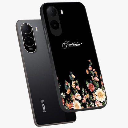 Floral Design With a Custom Personalized Name Glass Case displayed in angled mockup highlighting elegant floral pattern with custom name feature.